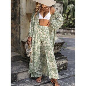 Green Boho Allover Print Lantern Sleeve Shirt & Wide Leg Pants 2 piece set